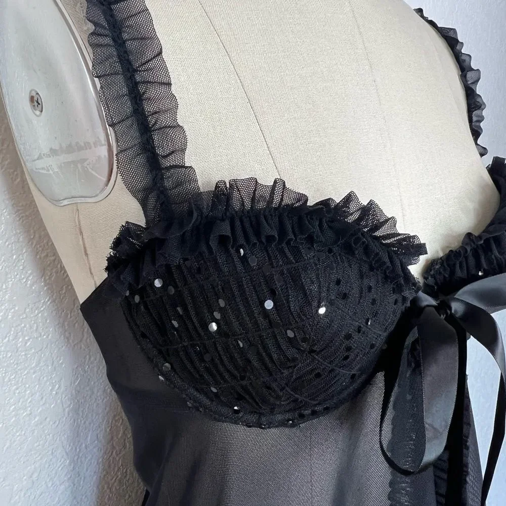 NWOT VS Victoria’s Secret black sparkle ruffle teddy Y2K mini slip dress 36B